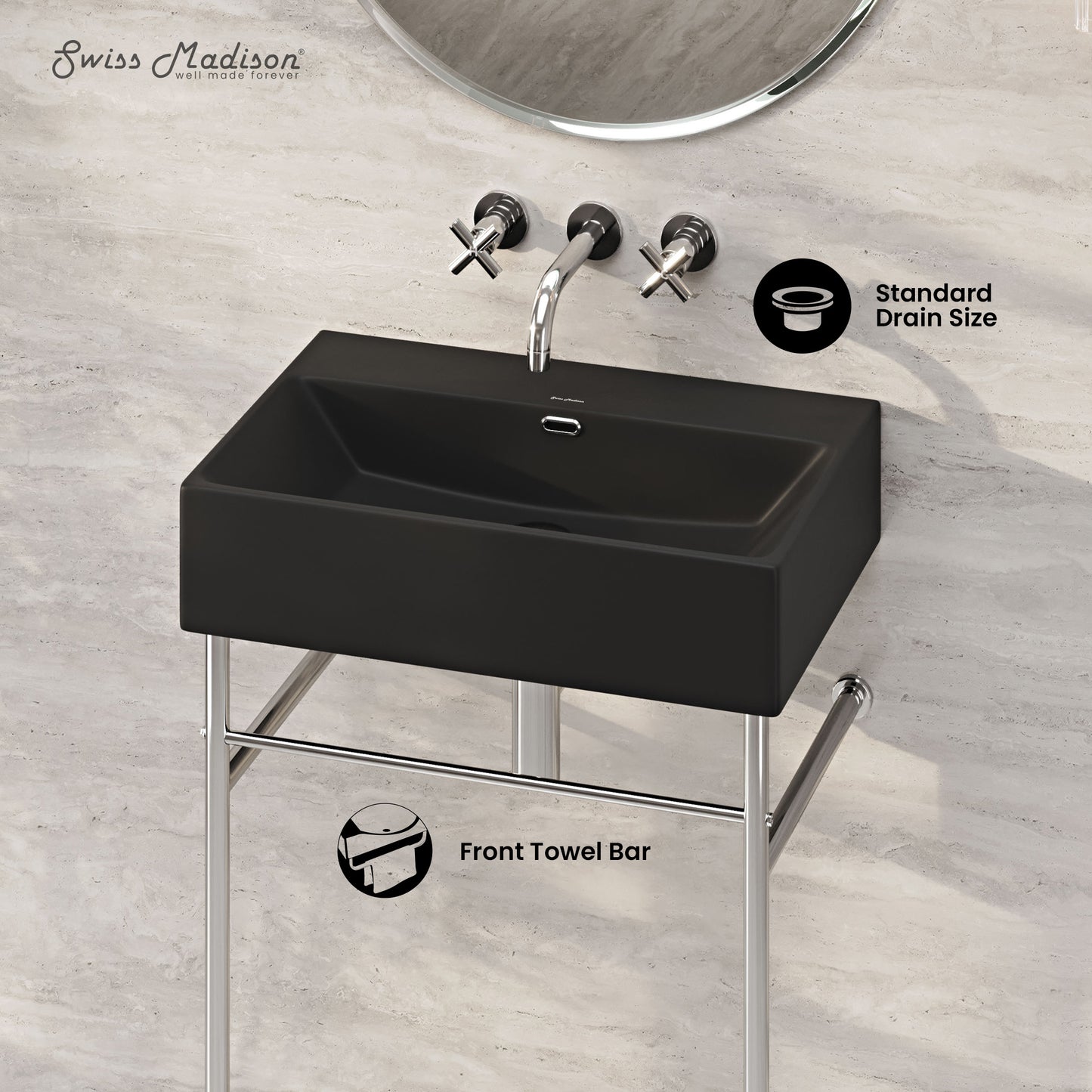 Swiss Madison, Claire 24" Rectangle Matte Black Zero Hole Console Sink with Polished Chrome Legs