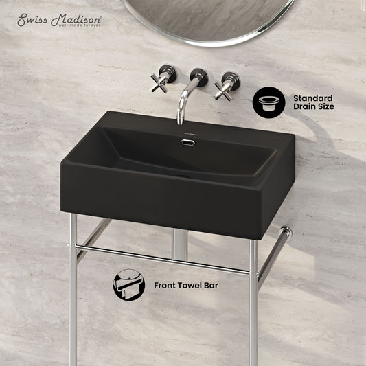 Swiss Madison, Claire 24" Rectangle Matte Black Zero Hole Console Sink with Polished Chrome Legs