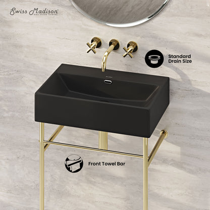 Swiss Madison, Claire 24" Rectangle Matte Black Zero Hole Console Sink with Glossy Gold Legs