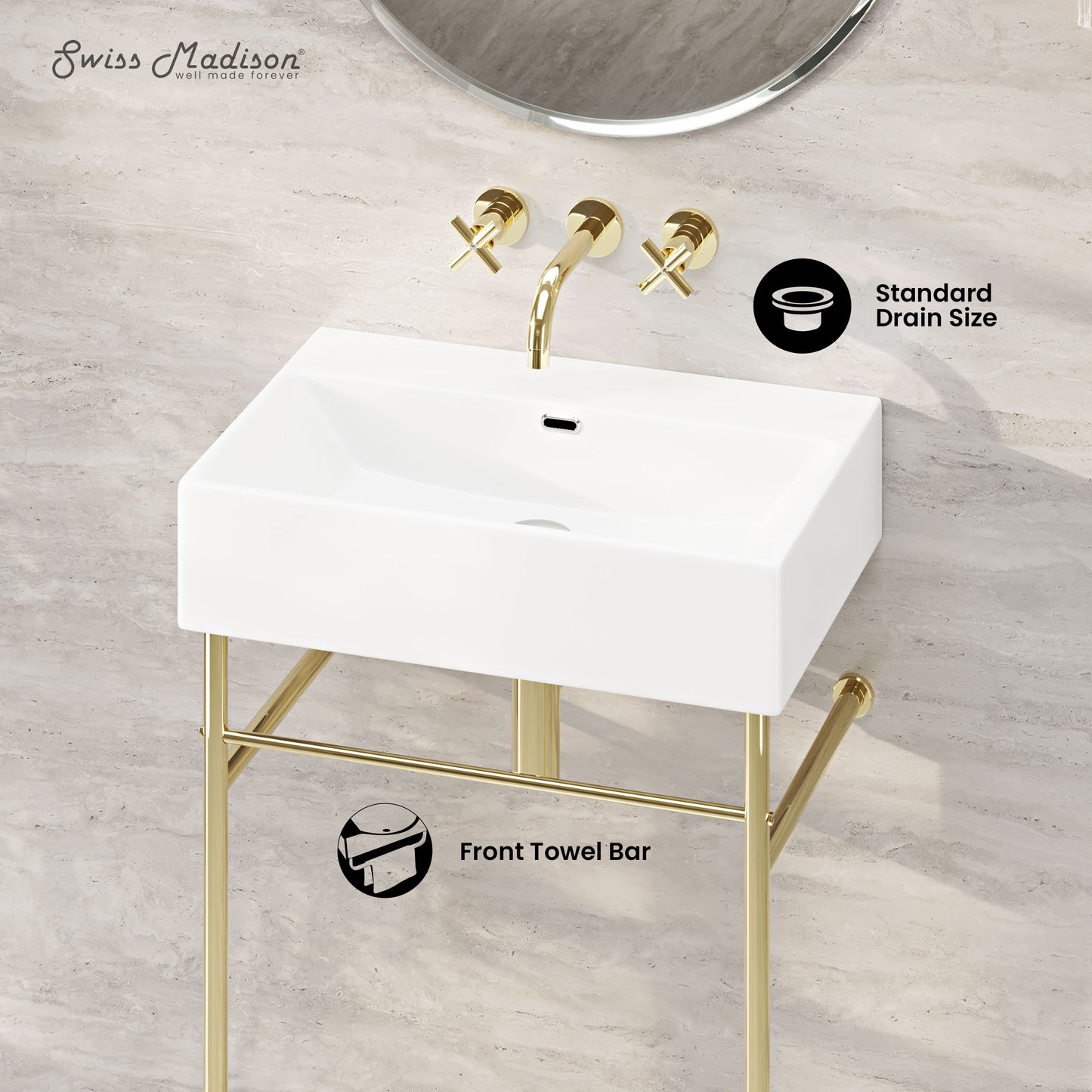 Swiss Madison, Claire 24" Rectangle Zero Hole Console Sink with Glossy Gold Legs