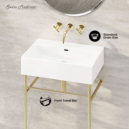 Swiss Madison, Claire 24" Rectangle Zero Hole Console Sink with Glossy Gold Legs