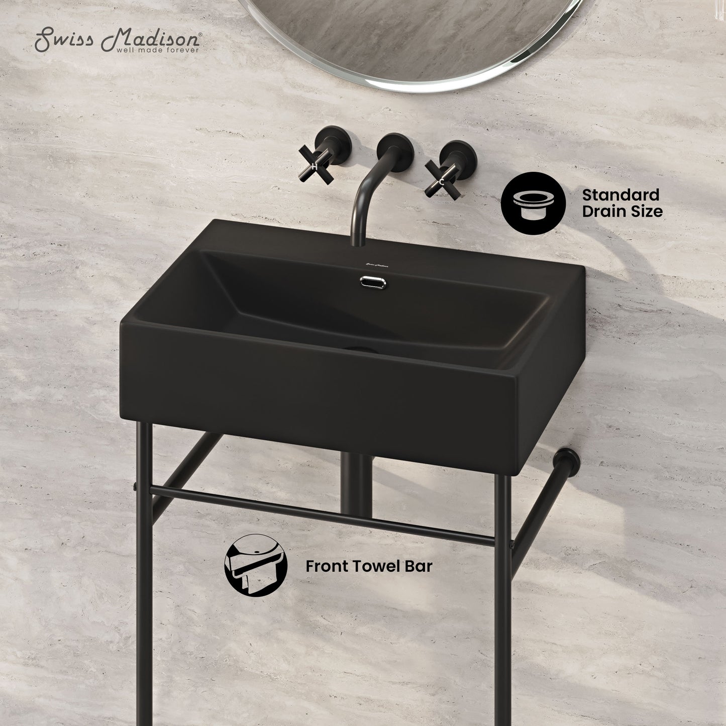 Swiss Madison, Claire 24" Rectangle Matte Black Zero Hole Console Sink with Matte Black Legs