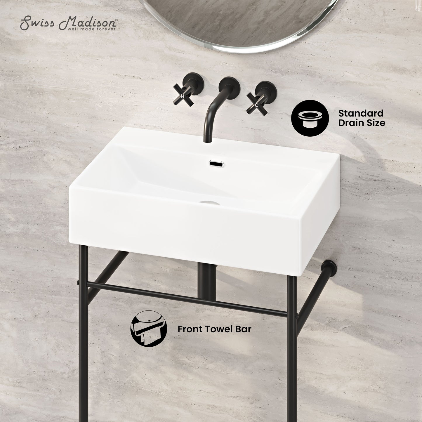 Swiss Madison, Claire 24" Rectangle Zero Hole Console Sink with Matte Black Legs