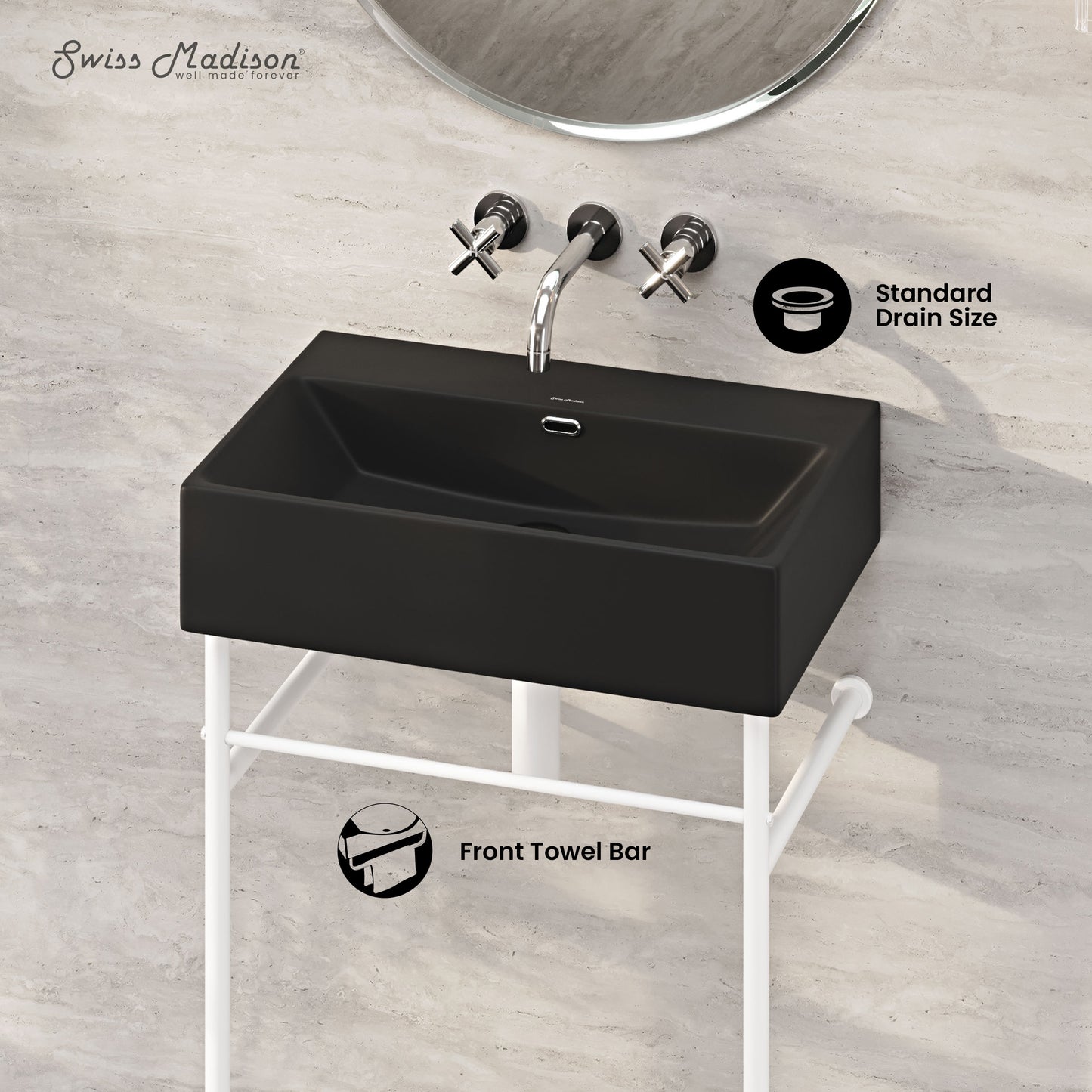Swiss Madison, Claire 24" Rectangle Matte Black Zero Hole Console Sink with Matte White Legs