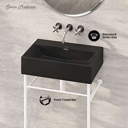 Swiss Madison, Claire 24" Rectangle Matte Black Zero Hole Console Sink with Matte White Legs
