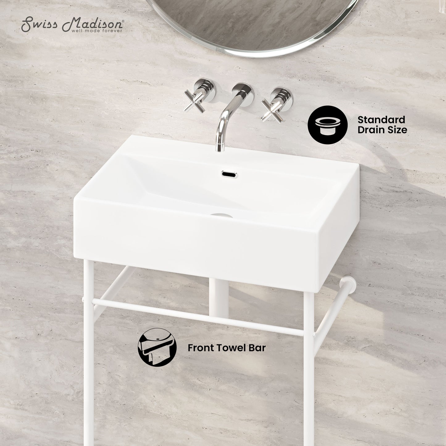 Swiss Madison, Claire 24" Rectangle Zero Hole Console Sink with Matte White Legs