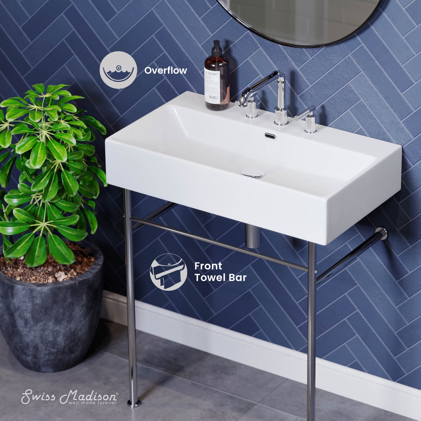 Swiss Madison, Claire 30" Console Sink White Basin Chrome Legs with 8" Widespread Holes