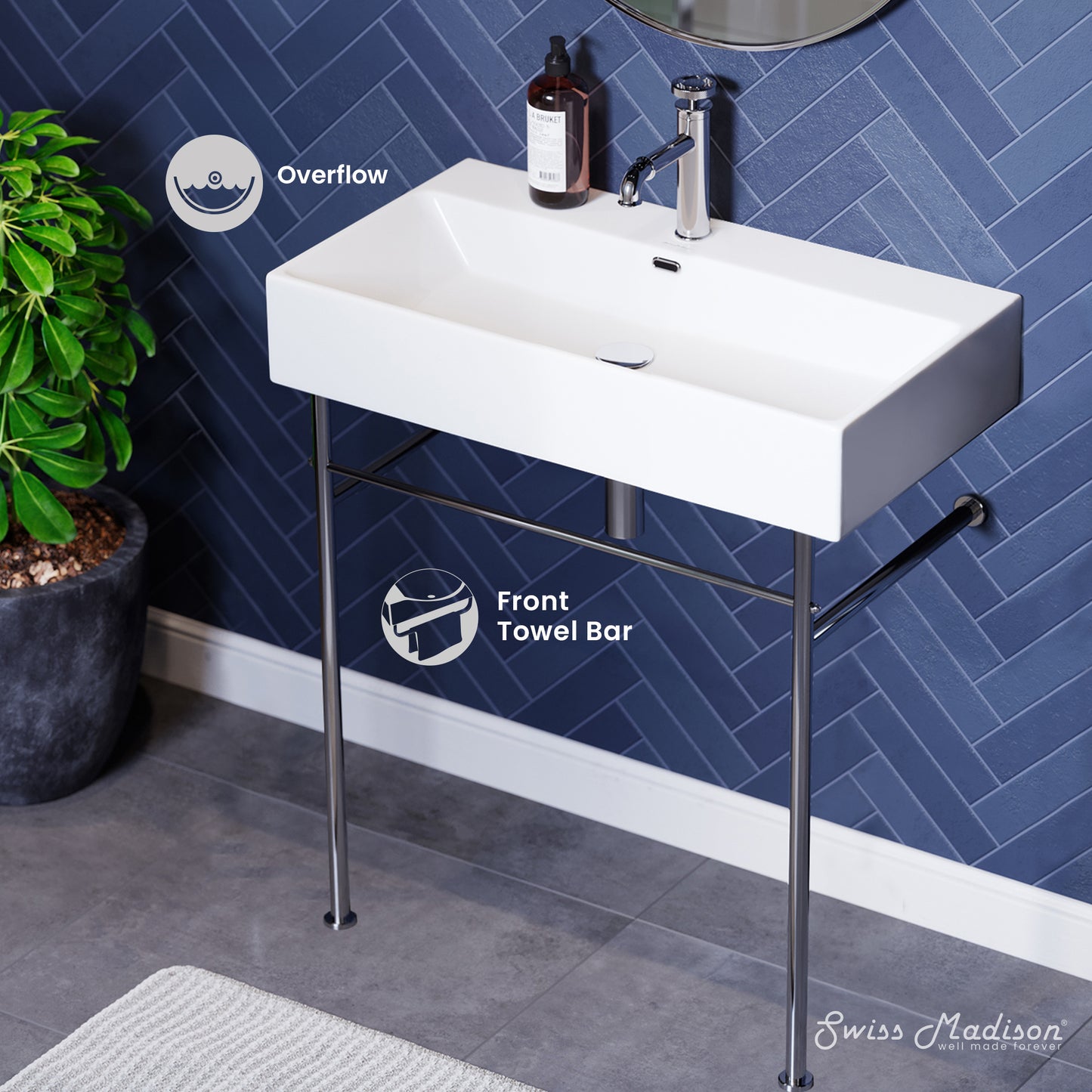 Swiss Madison, Claire 30 Ceramic Console Sink White Basin Chrome Legs