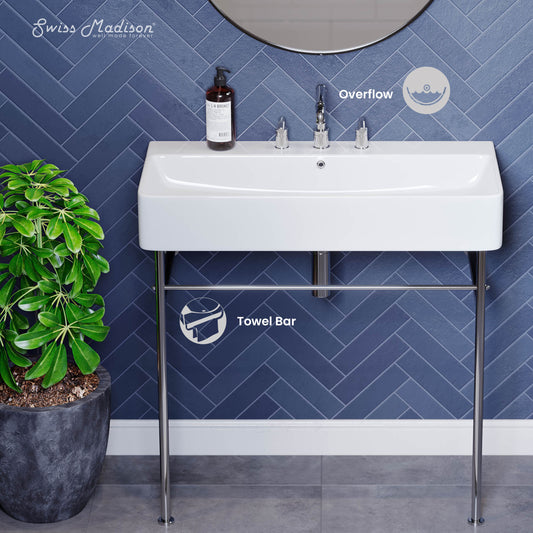 Swiss Madison, Carre 36" Console Sink White Basin Chrome Legs with 8" Widespread Holes
