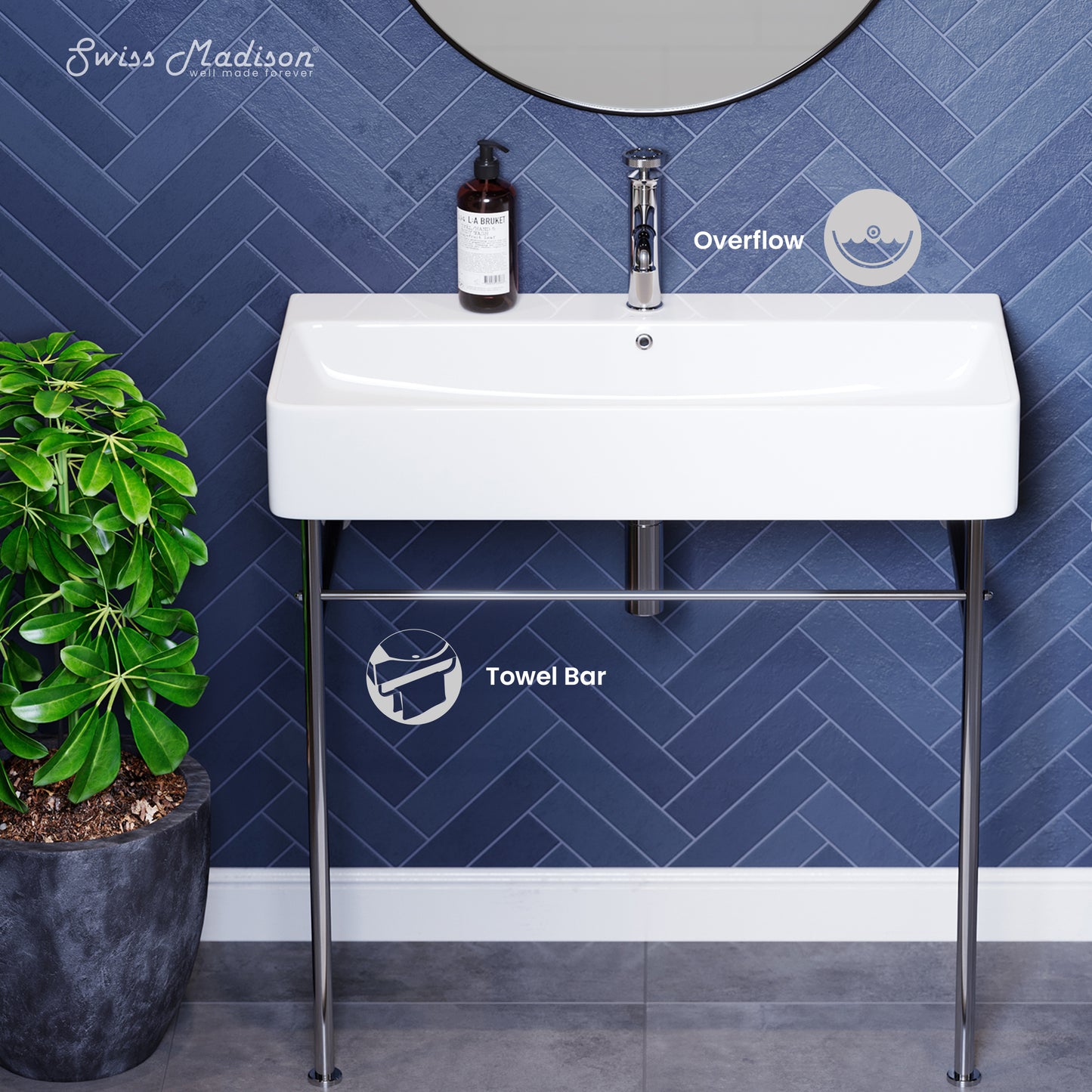 Swiss Madison, Carre 36 Ceramic Console Sink White Basin Chrome Legs