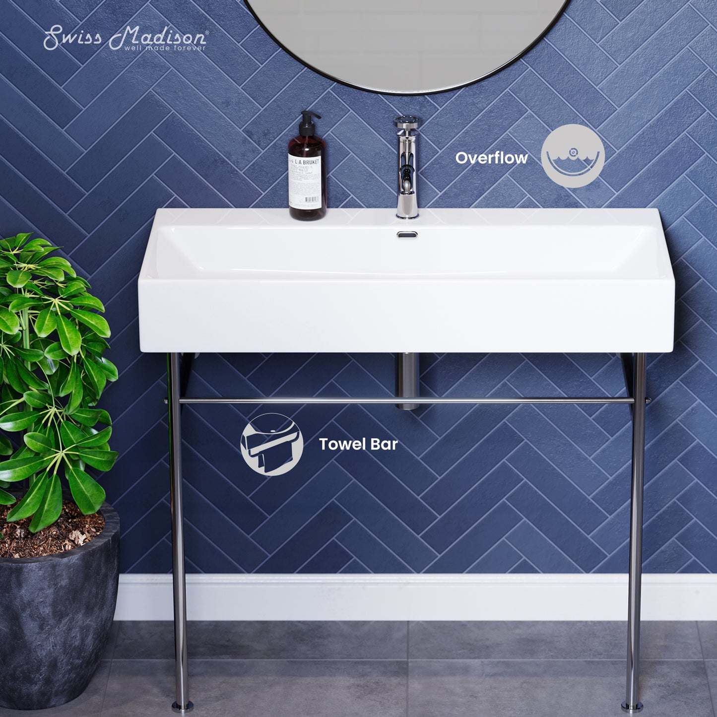 Swiss Madison, Claire 40 Ceramic Console Sink White Basin Chrome Legs