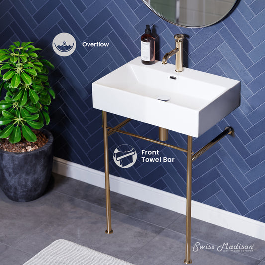 Swiss Madison, Claire 24 Ceramic Console Sink White Basin Gold Legs