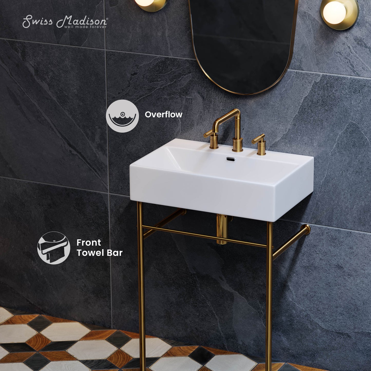Swiss Madison, Claire 30" Console Sink White Basin Brushed Gold Legs with 8" Widespread Holes