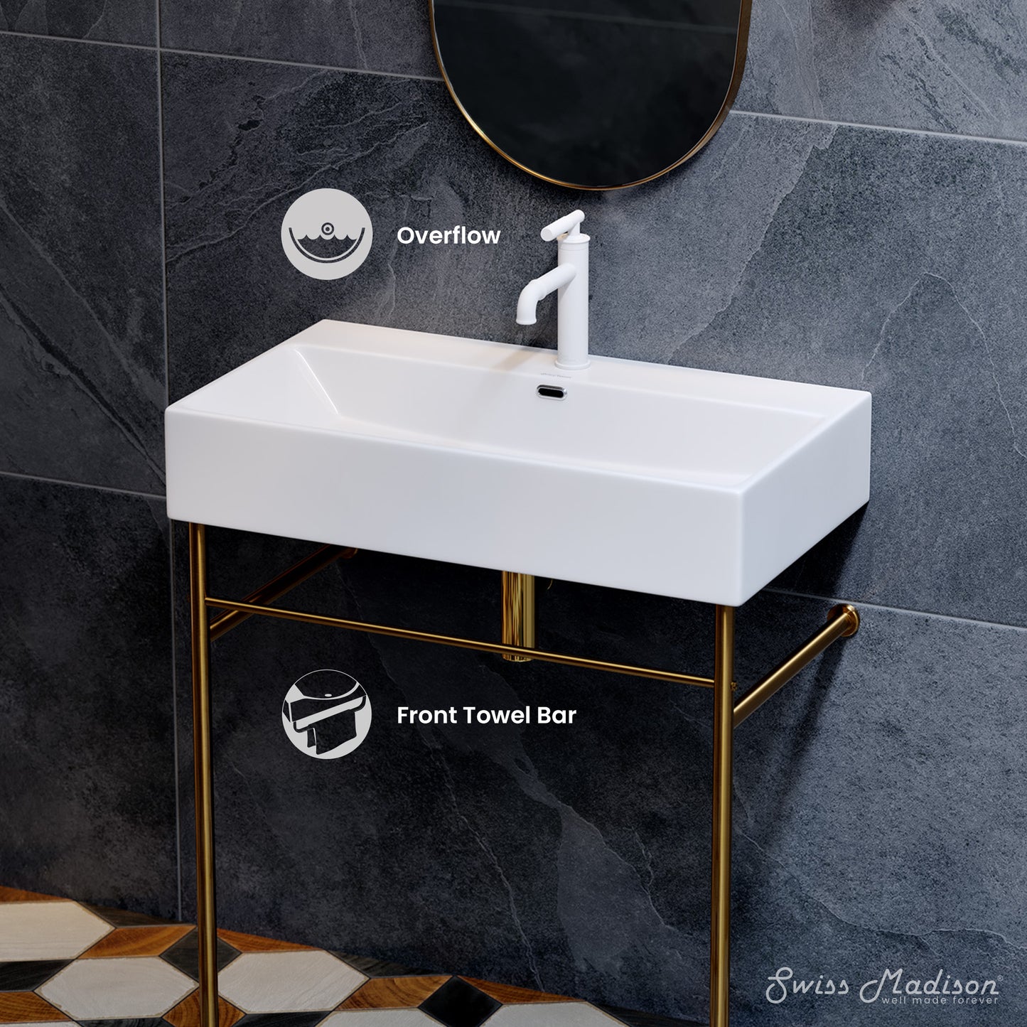Swiss Madison, Claire 30 Ceramic Console Sink White Basin Brushed Gold Legs