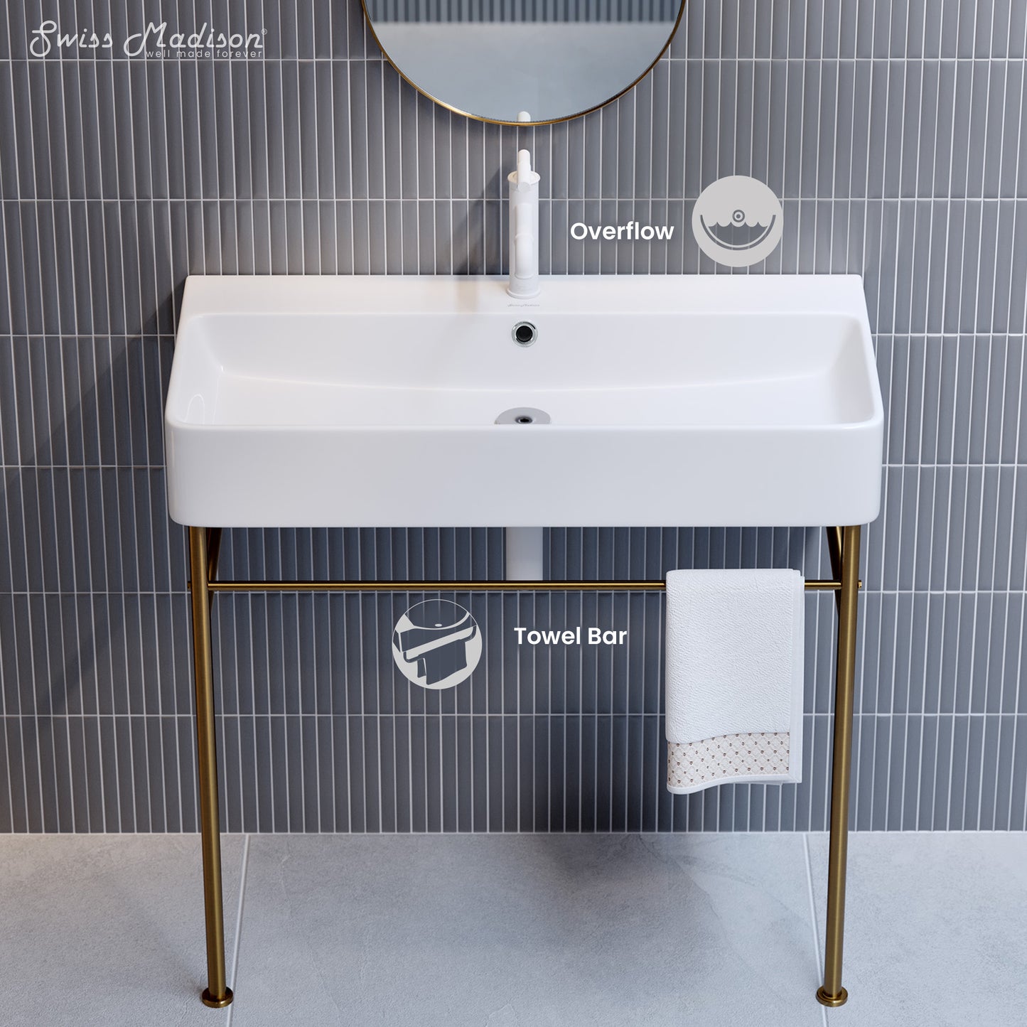 Swiss Madison, Carre 36 Ceramic Console Sink White Basin Brushed Gold Legs