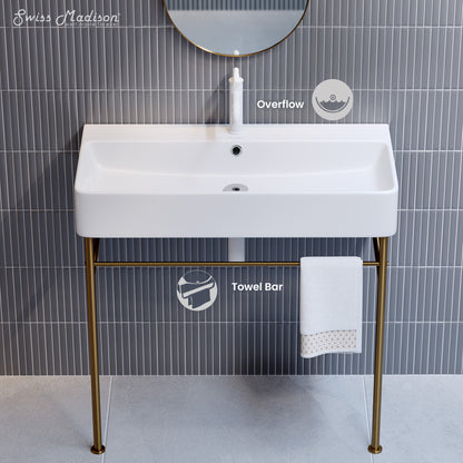 Swiss Madison, Carre 36 Ceramic Console Sink White Basin Brushed Gold Legs