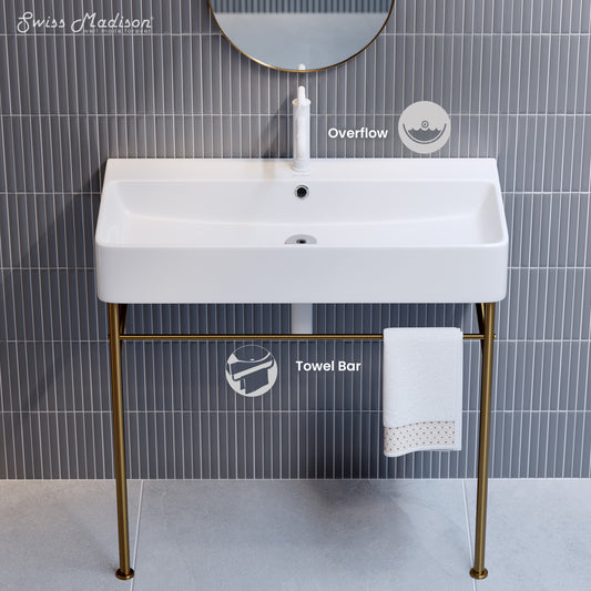 Swiss Madison, Carre 36 Ceramic Console Sink White Basin Brushed Gold Legs