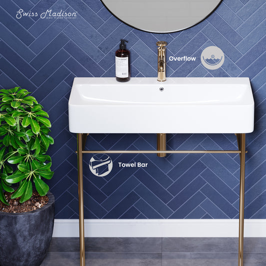 Swiss Madison, Carre 36 Ceramic Console Sink White Basin Gold Legs