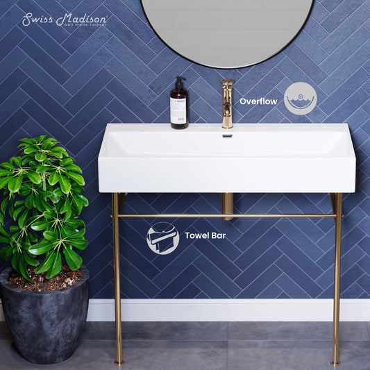 Swiss Madison, Claire 40 Ceramic Console Sink White Basin Gold Legs