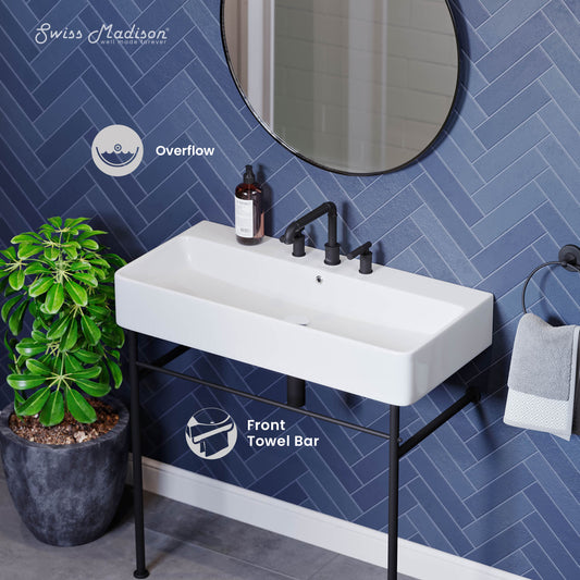 Swiss Madison, Carre 36" Console Sink White Basin Black Legs with 8" Widespread Holes