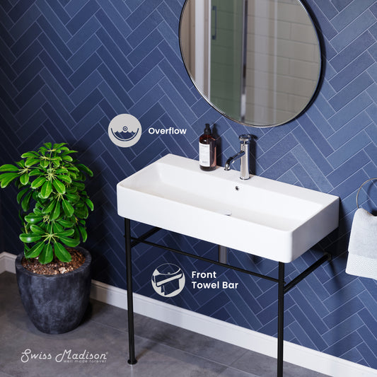 Swiss Madison, Carre 36" Ceramic Console Sink White Basin Black Legs