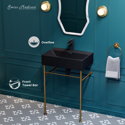 Swiss Madison, Claire 24 Ceramic Console Sink Matte Black Basin Brushed Gold Legs
