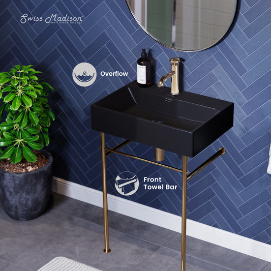 Swiss Madison, Claire 24 Ceramic Console Sink Matte Black Basin Gold Legs