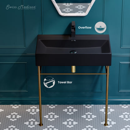 Swiss Madison, Claire 30 Ceramic Console Sink Matte Black Basin Brushed Gold Legs