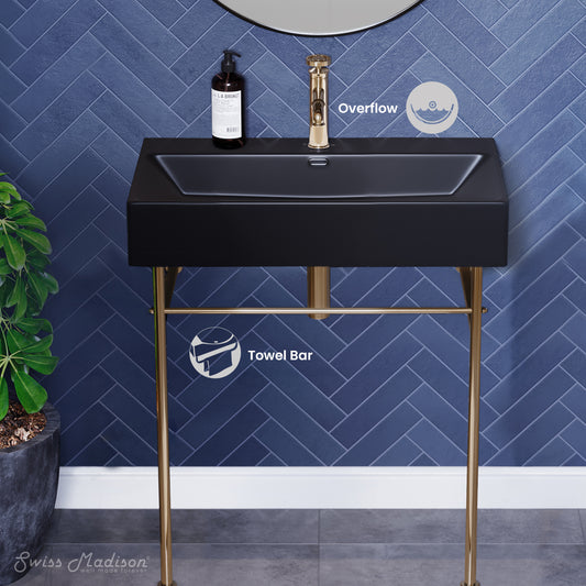 Swiss Madison, Claire 30 Ceramic Console Sink Matte Black Basin Gold Legs