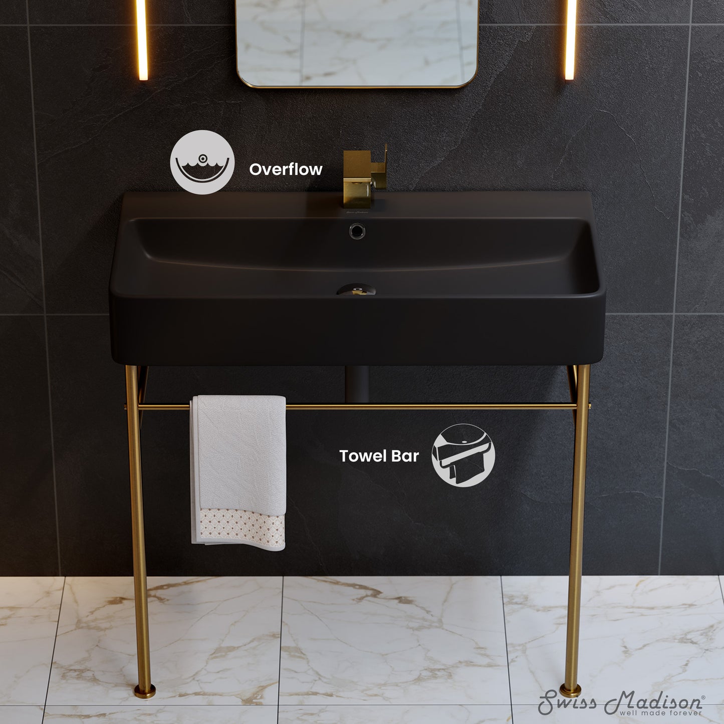 Swiss Madison, Carre 36 Ceramic Console Sink Matte Black Basin Brushed Gold Legs