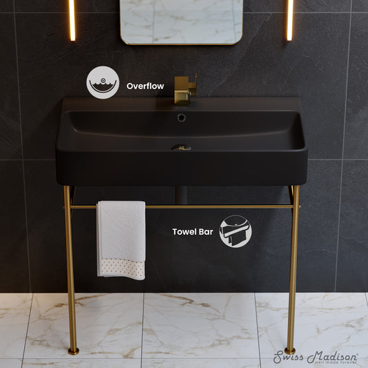 Swiss Madison, Carre 36 Ceramic Console Sink Matte Black Basin Brushed Gold Legs