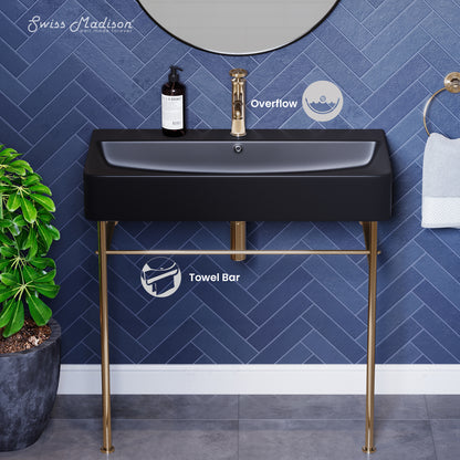 Swiss Madison, Carre 36 Ceramic Console Sink Matte Black Basin Gold Legs