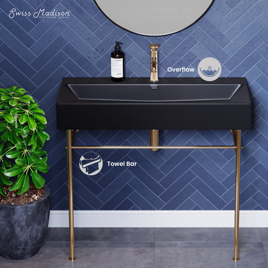 Swiss Madison, Claire 40 Ceramic Console Sink Matte Black Basin Gold Legs