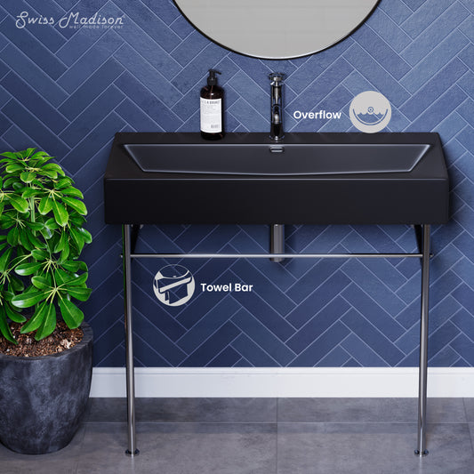 Swiss Madison, Claire 40 Ceramic Console Sink Matte Black Basin Chrome Legs