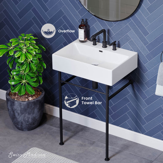 Swiss Madison, Claire 24" Console Sink White Basin Black Legs with 8" Widespread Holes