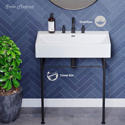 Swiss Madison, Claire 30" Console Sink White Basin Black Legs with 8" Widespread Holes