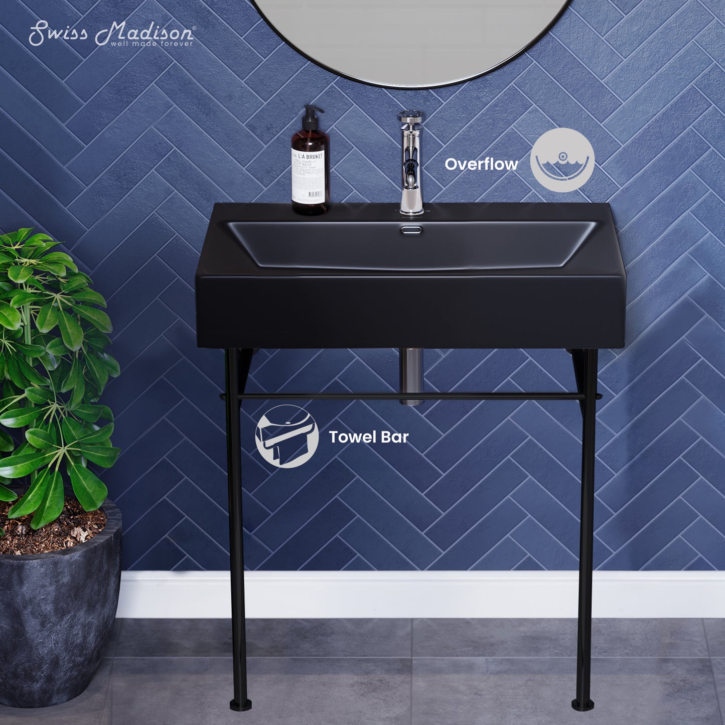 Swiss Madison, Claire 30 Ceramic Console Sink Matte Black Basin Black Legs