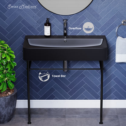 Swiss Madison, Carre 36 Ceramic Console Sink Matte Black Basin Black Legs