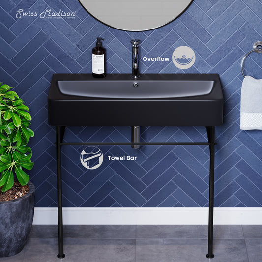 Swiss Madison, Carre 36 Ceramic Console Sink Matte Black Basin Black Legs