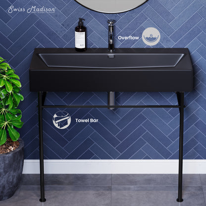 Swiss Madison, Claire 40 Ceramic Console Sink Matte Black Basin Black Legs