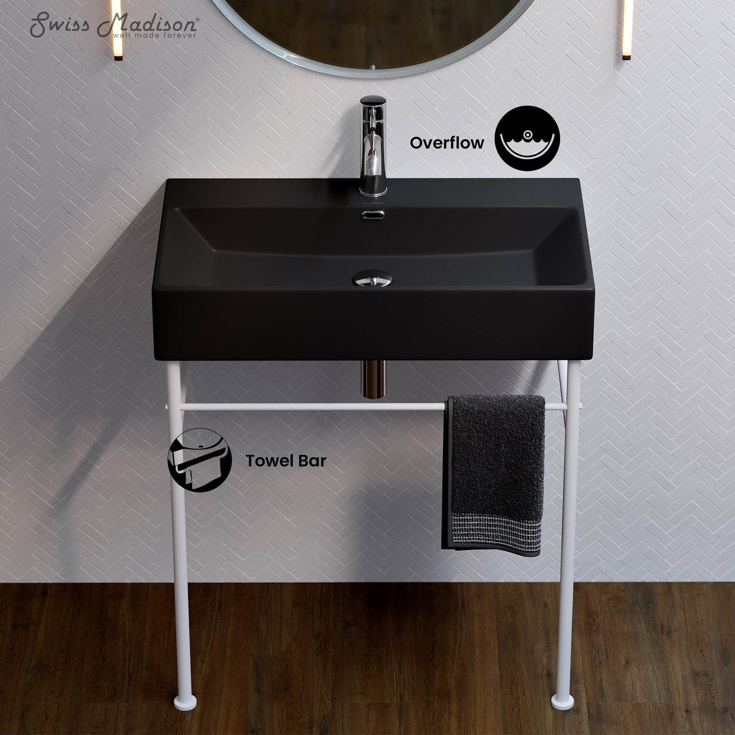 Swiss Madison, Claire 30 Ceramic Console Sink Matte Black Basin Matte White Legs