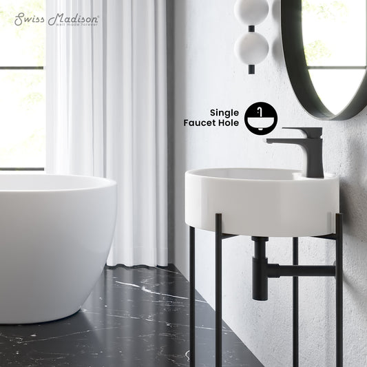Swiss Madison, Monaco 16" Round Console Sink with Faucet Mount, White Basin Matte Black Legs
