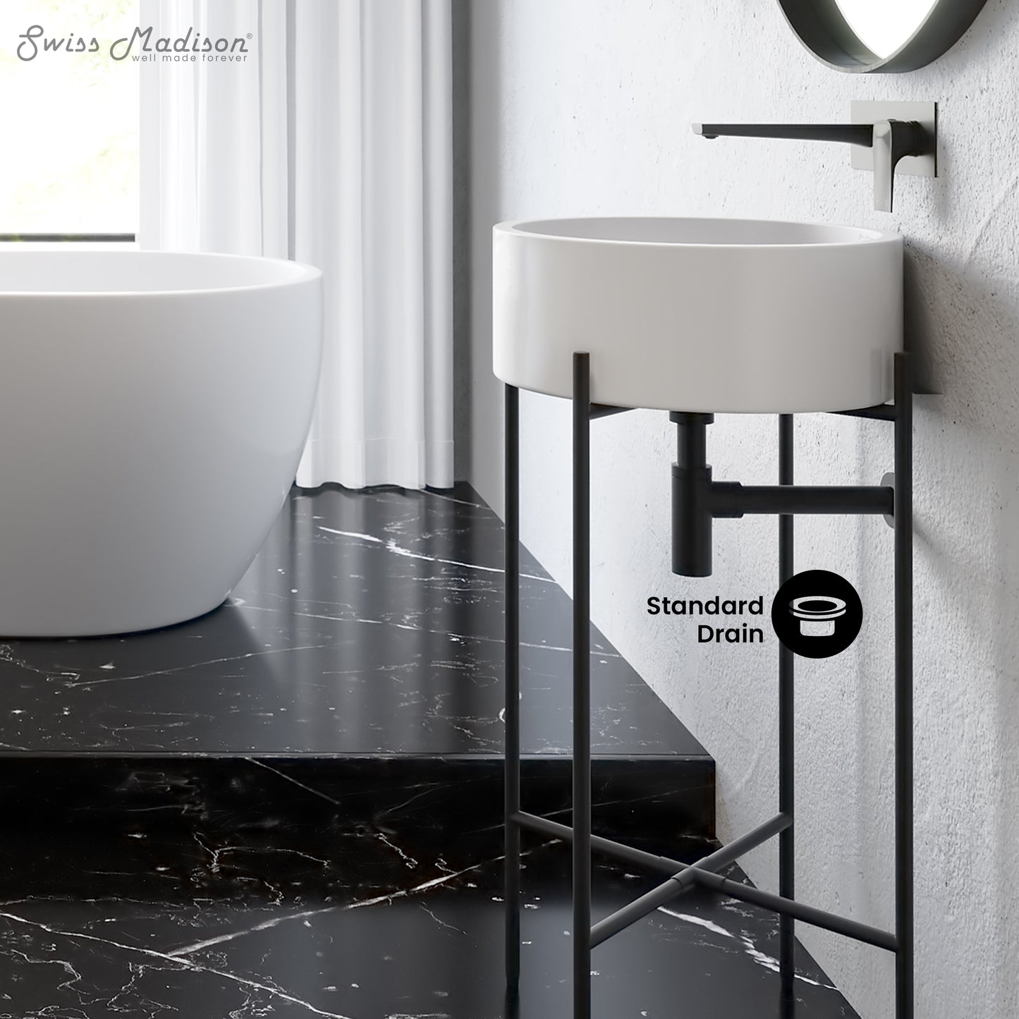 Swiss Madison, Monaco 16.5" Round Console Sink, White Basin Matte Black Legs