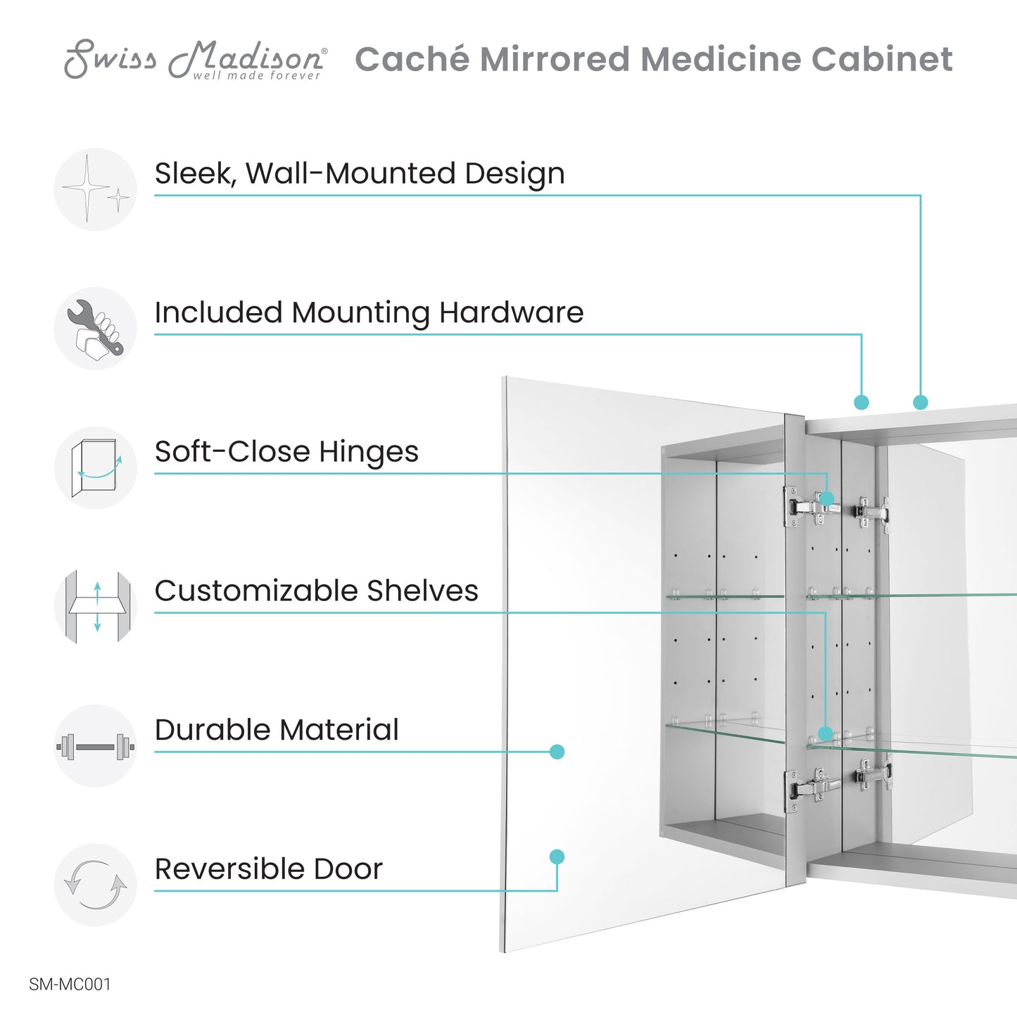 Swiss Madison, Cache 20 in. x 30 in. Mirrored Aluminum Medicine Cabinet