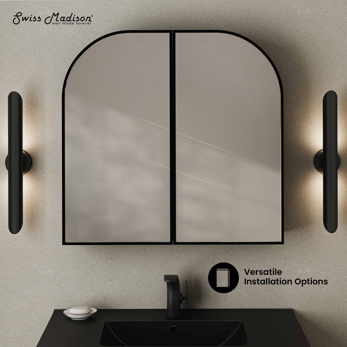 Swiss Madison, Porte 32 x 31 Arched Recessed/Wall Mount Medicine Cabinet with Mirror in Black