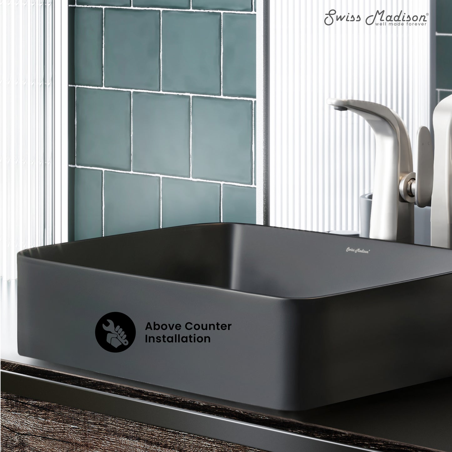 Swiss Madison, Concorde Rectangle Ceramic Vessel Sink, Matte Black