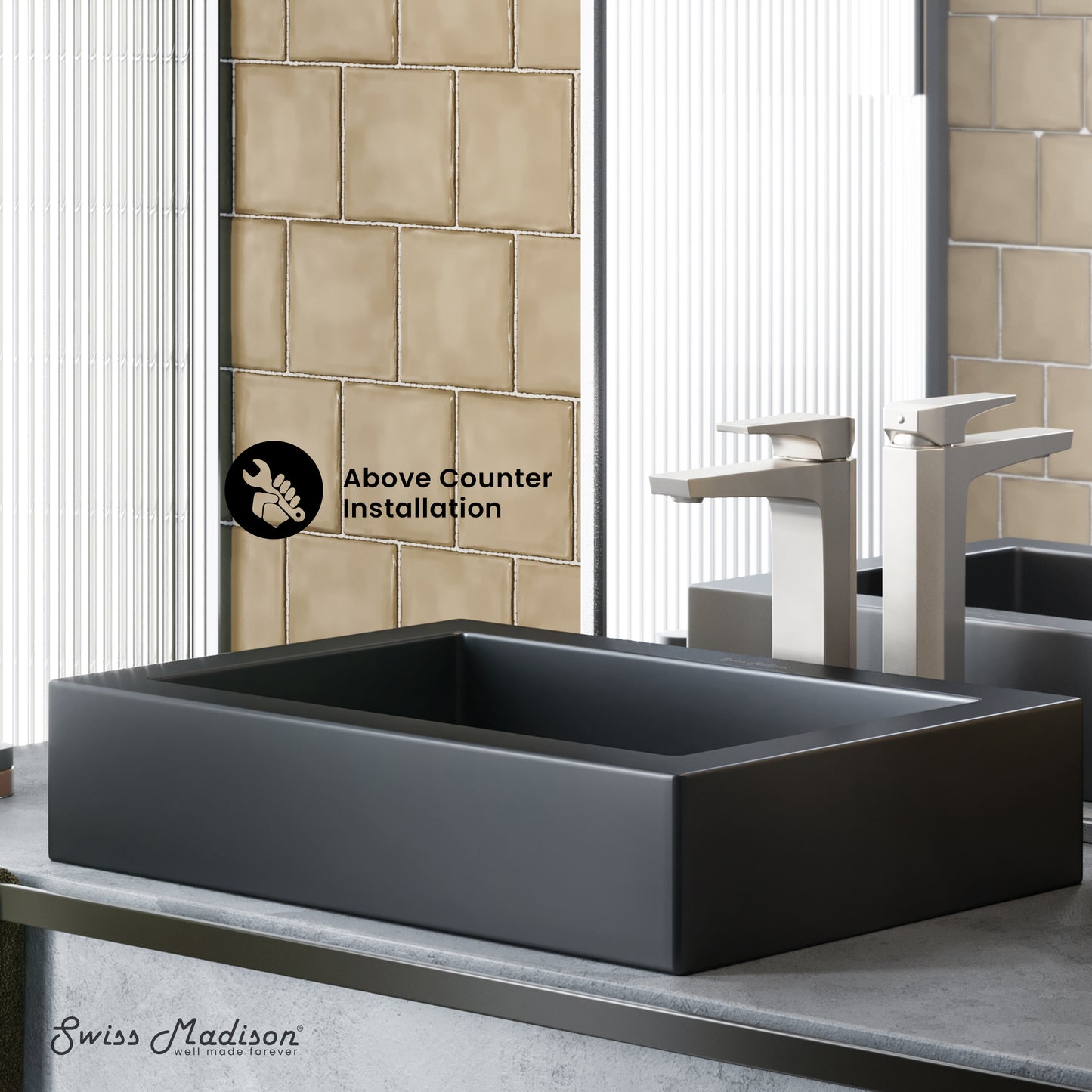 Swiss Madison, Voltaire Ceramic Rectangle Vessel Sink, Matte Black
