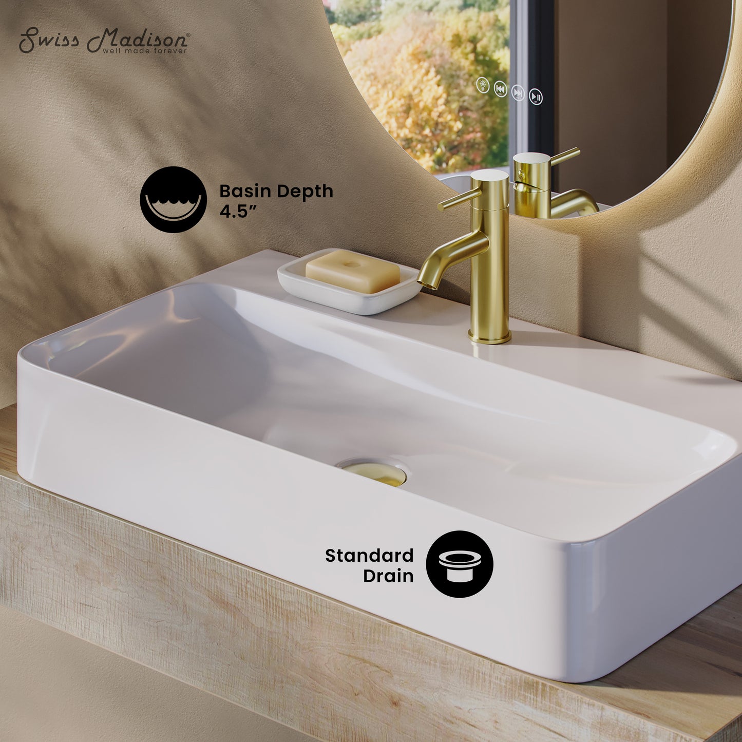 Swiss Madison, Voltaire 32" Rectangle Vessel Sink in Glossy White with Faucet Mount