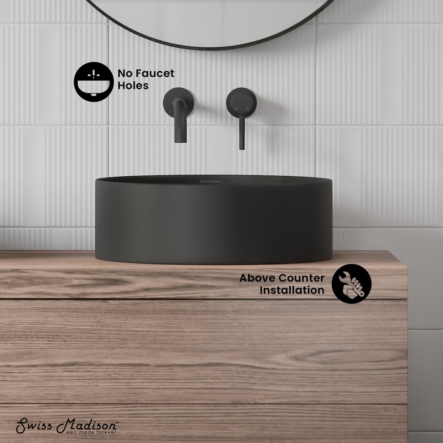 Swiss Madison, Beau 16.5" Round Vessel Bathroom Sink in Matte Black