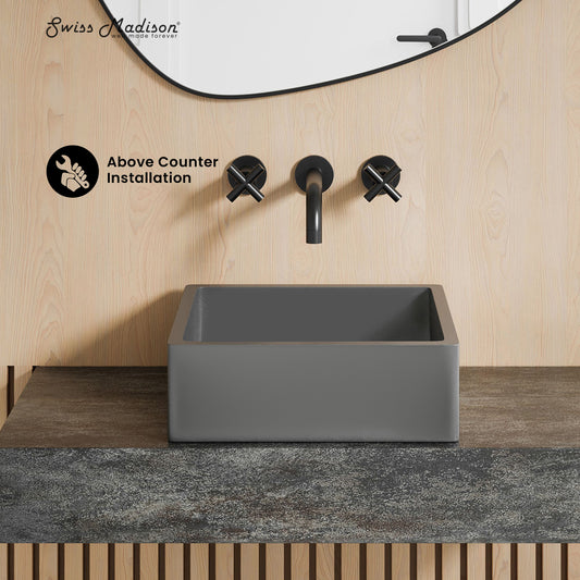 Swiss Madison, Lisse 15.5" Square Concrete Vessel Bathroom Sink in Dark Grey